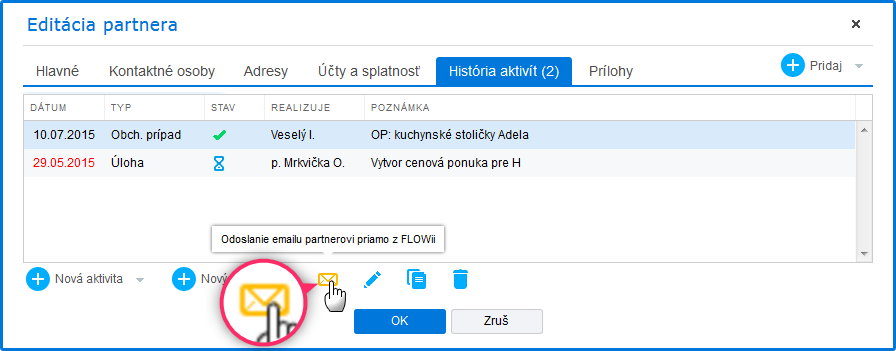 Odosielanie emailu aj priamo z karty partnera
