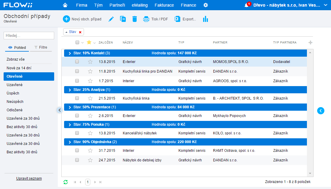 Ukázka evidence obchodních příležitostí v CRM systému FLOWii