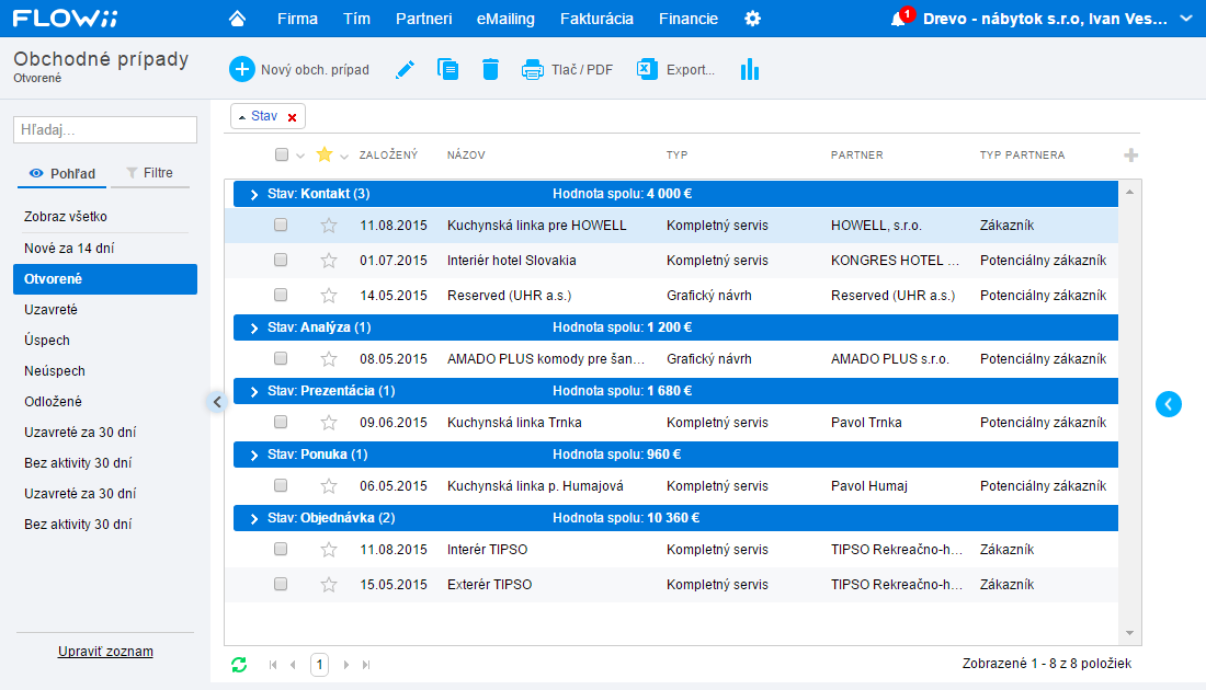 Ukážka evidencie obchodných príležitostí v CRM systéme FLOWii