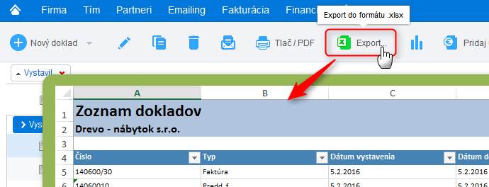 Export faktúr do excelu