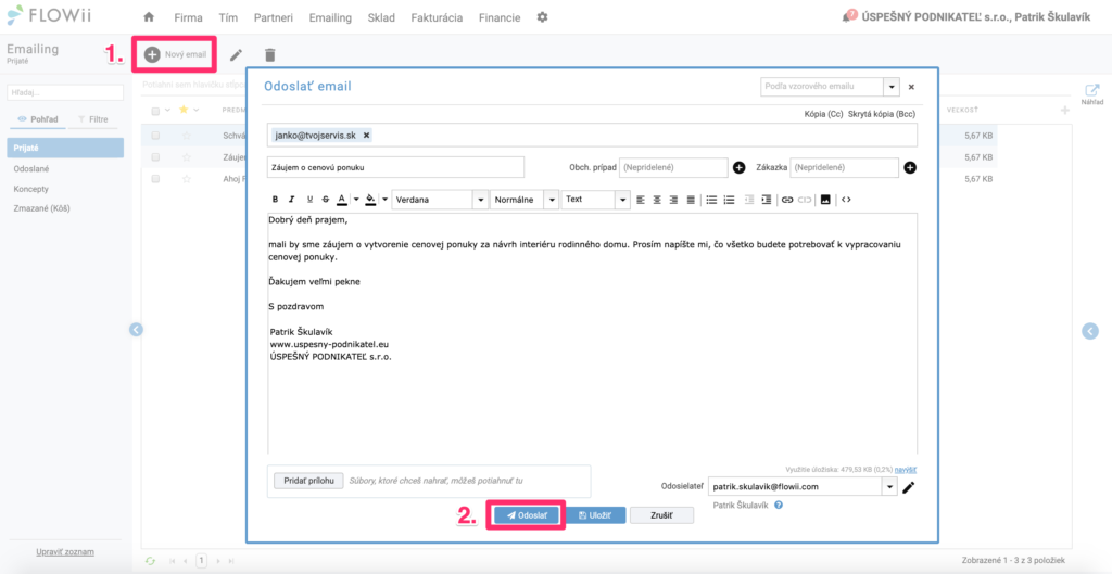 Ako odoslať email z FLOWii