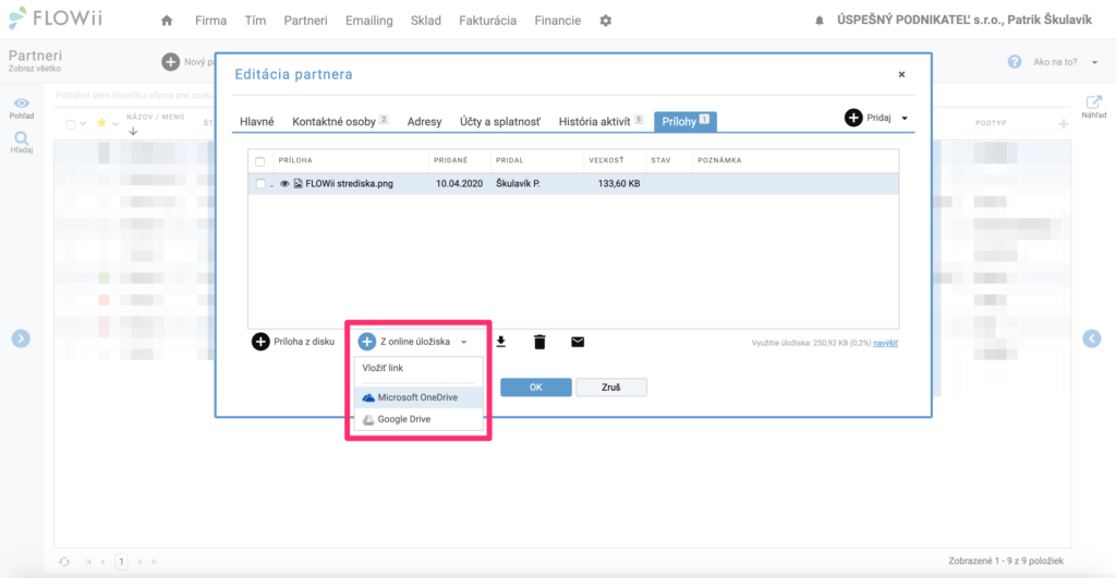 Ako pridať prílohu do FLOWii z Google Drive, One Drive