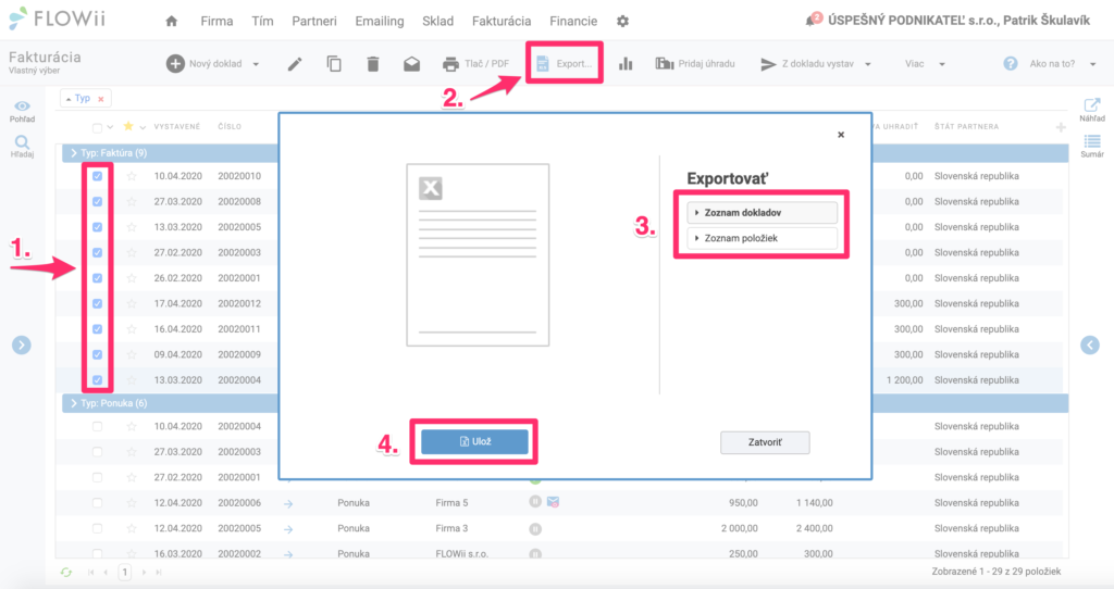 Ako exportovať doklady do programu Excel