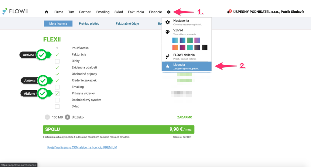 Zobrazenie aktívnych riešení v licencii FLOWii