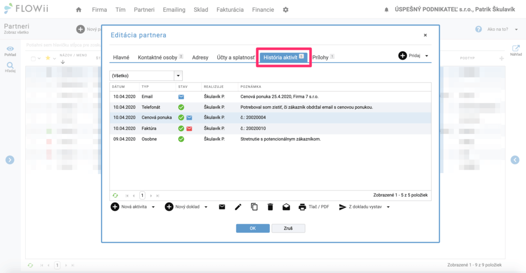 Online evidencia aktivít na partnerovi, zákazníkovi