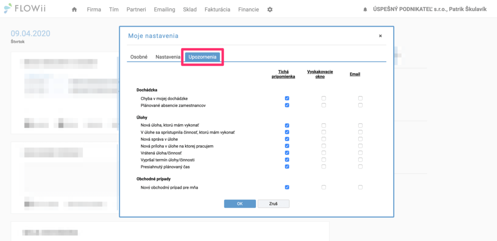 Nastavenie upozornení - notifikácií vo FLOWii