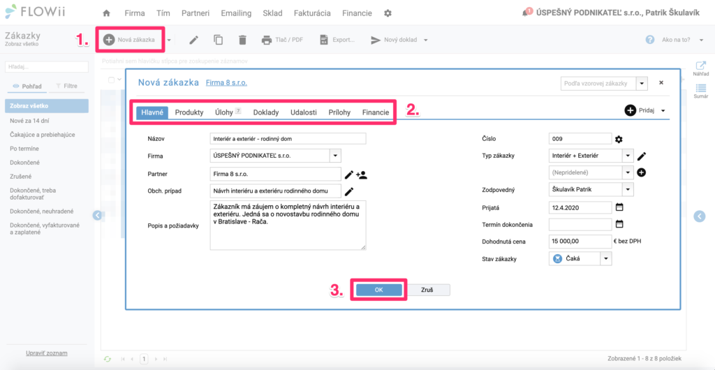 Ako vytvoriť zákazku, projekt vo FLOWii