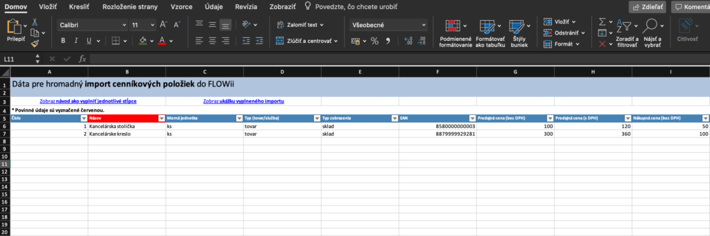 Import tovarov a služieb do FLOWii - excel