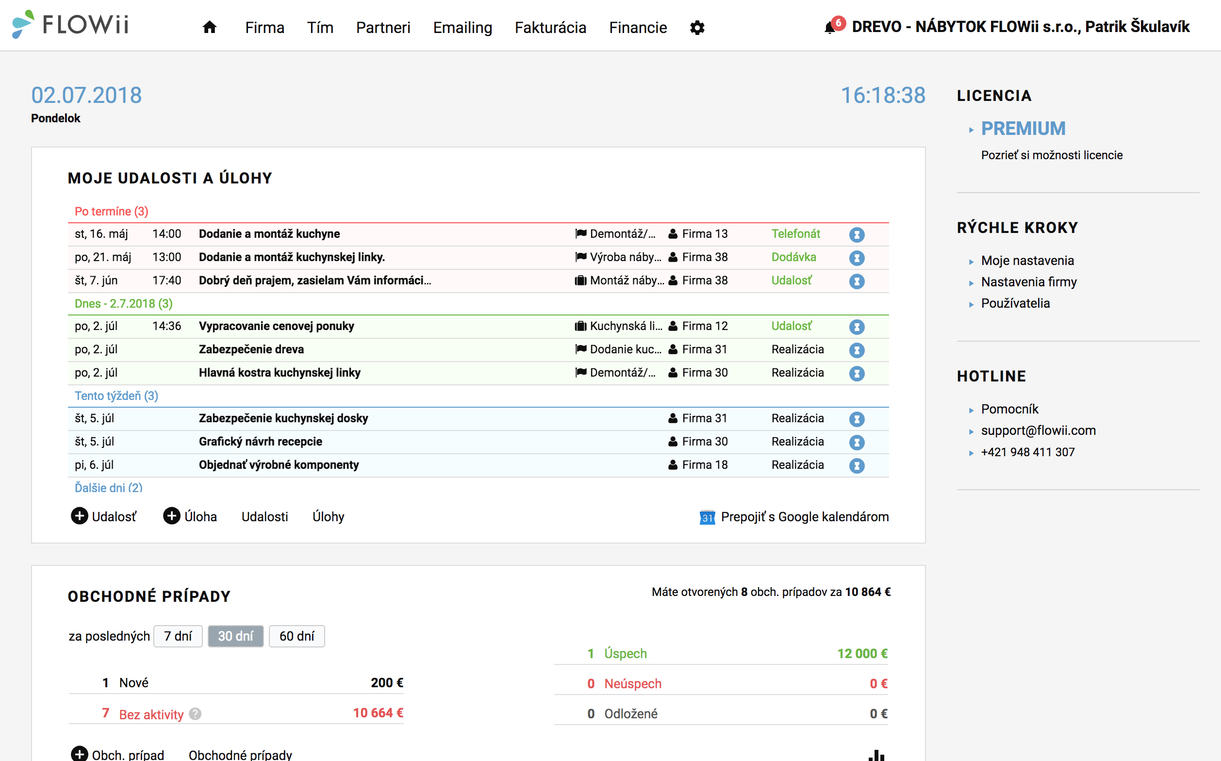 Prehľadná nástenka vo FLOWii kde sa Vám zobrazia vaše udalosti, úlohy, obchodné prípady, financie a Vaša dochádzka.