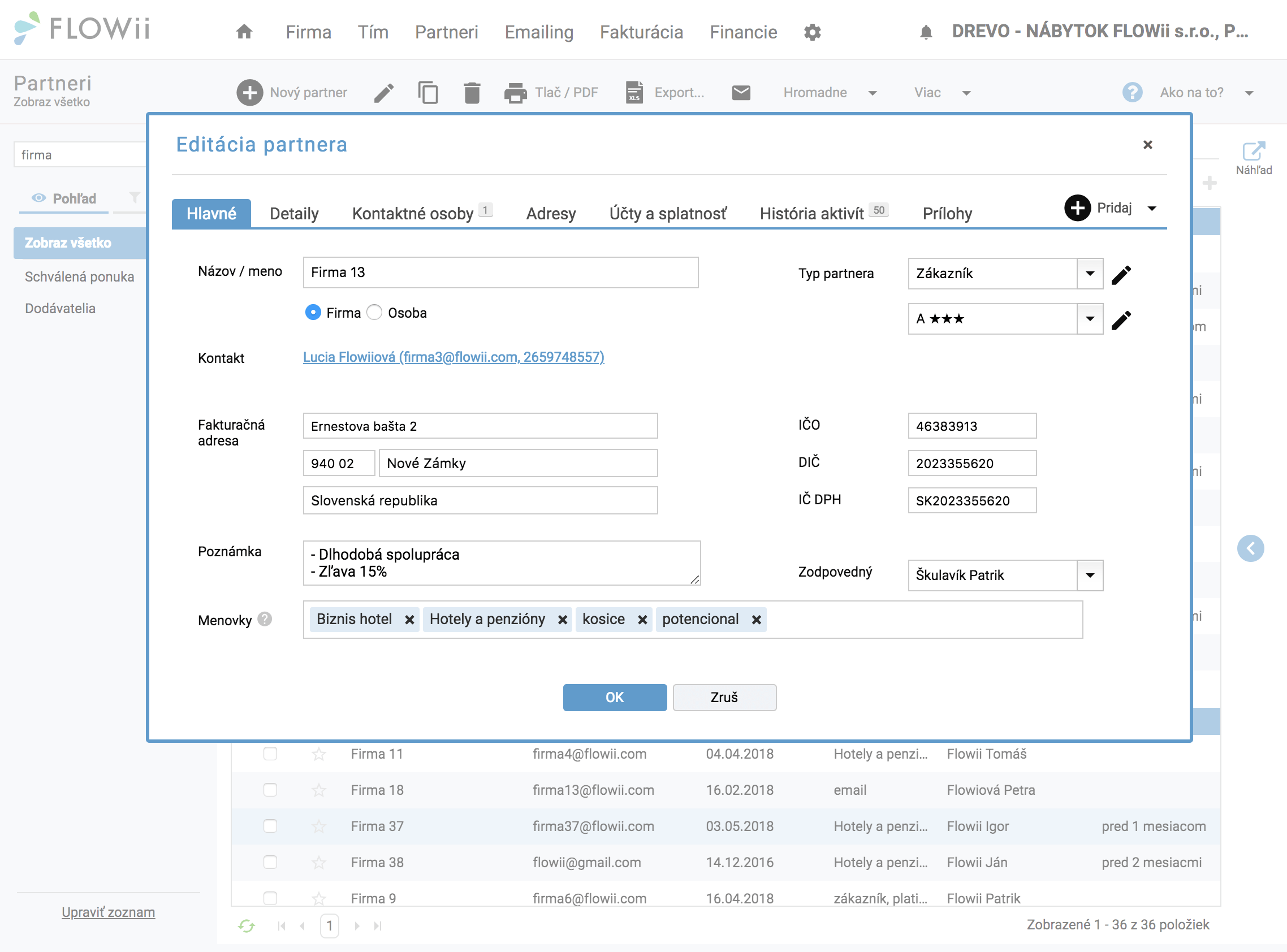 Okienko vo FLOWii kde práve editujeme partnera