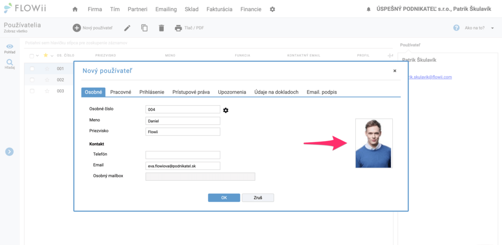 Ako pridať fotku používateľa, zamestnanca do FLOWii
