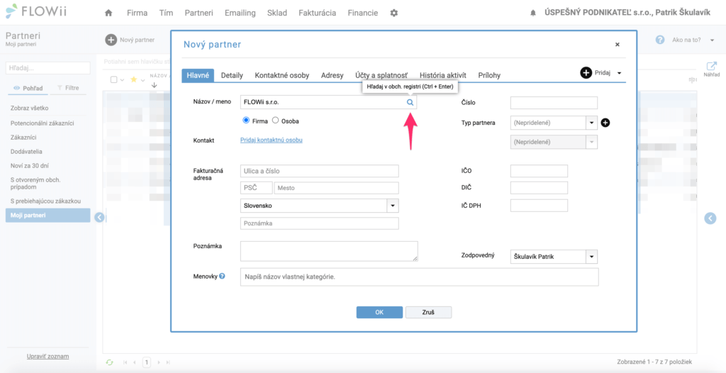 FLOWii prepojenie na obchodný register