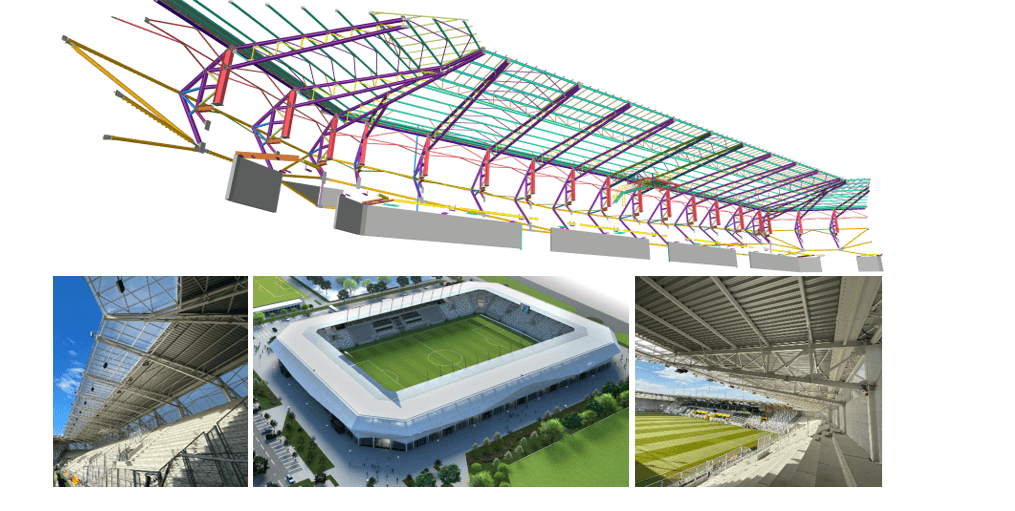 Vypracovanie výrobnej dokumentácie oceľových konštrukcií pre košickú futbalovú arénu.