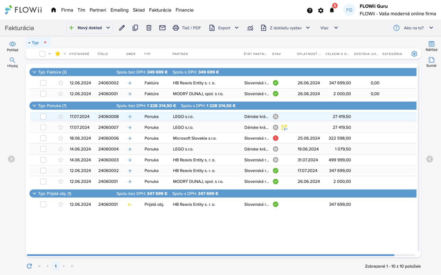 FLOWii vám umožňuje jednoducho prepínať medzi firmami a mať rýchly prehľad o vašich faktúrach.