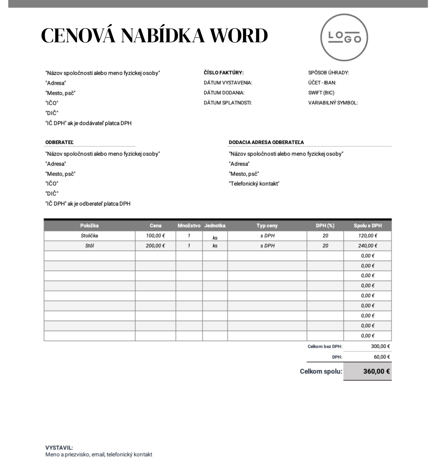 Jednoduchá cenová nabídka word