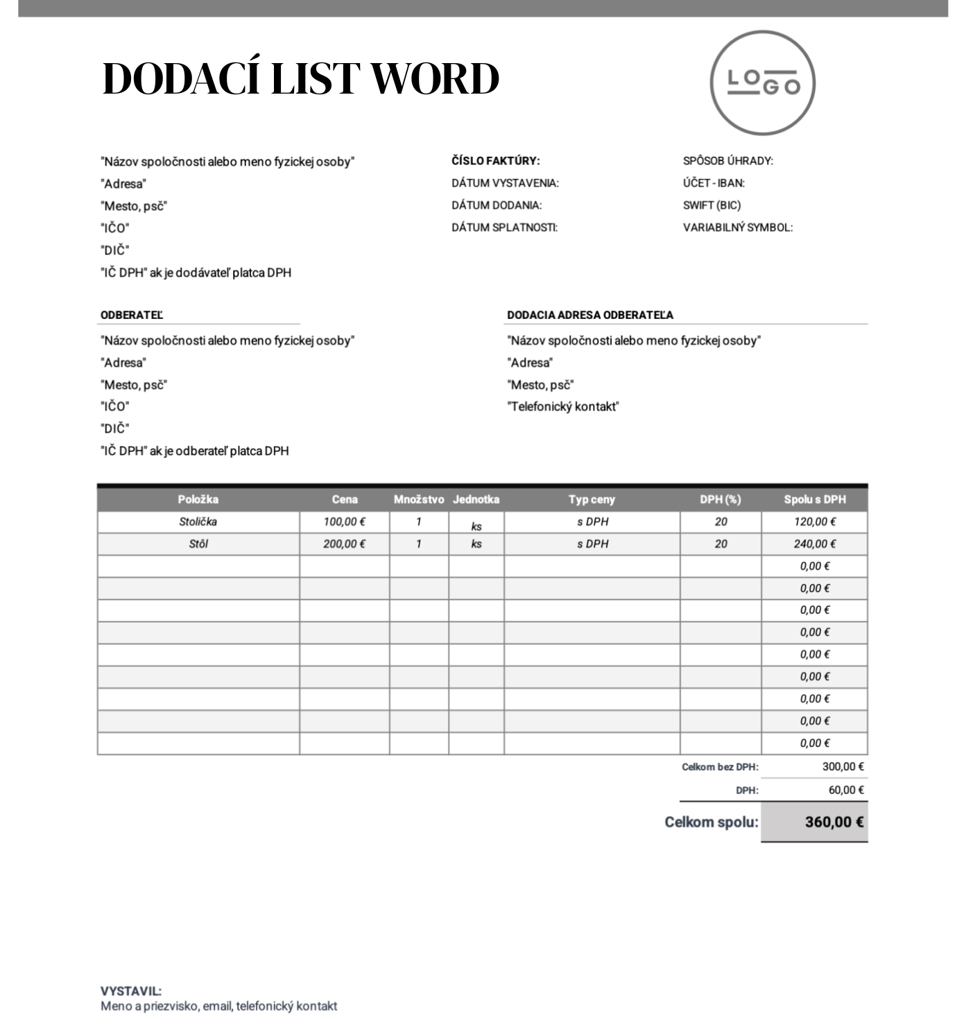 jednoduchý dodací list vzor Word