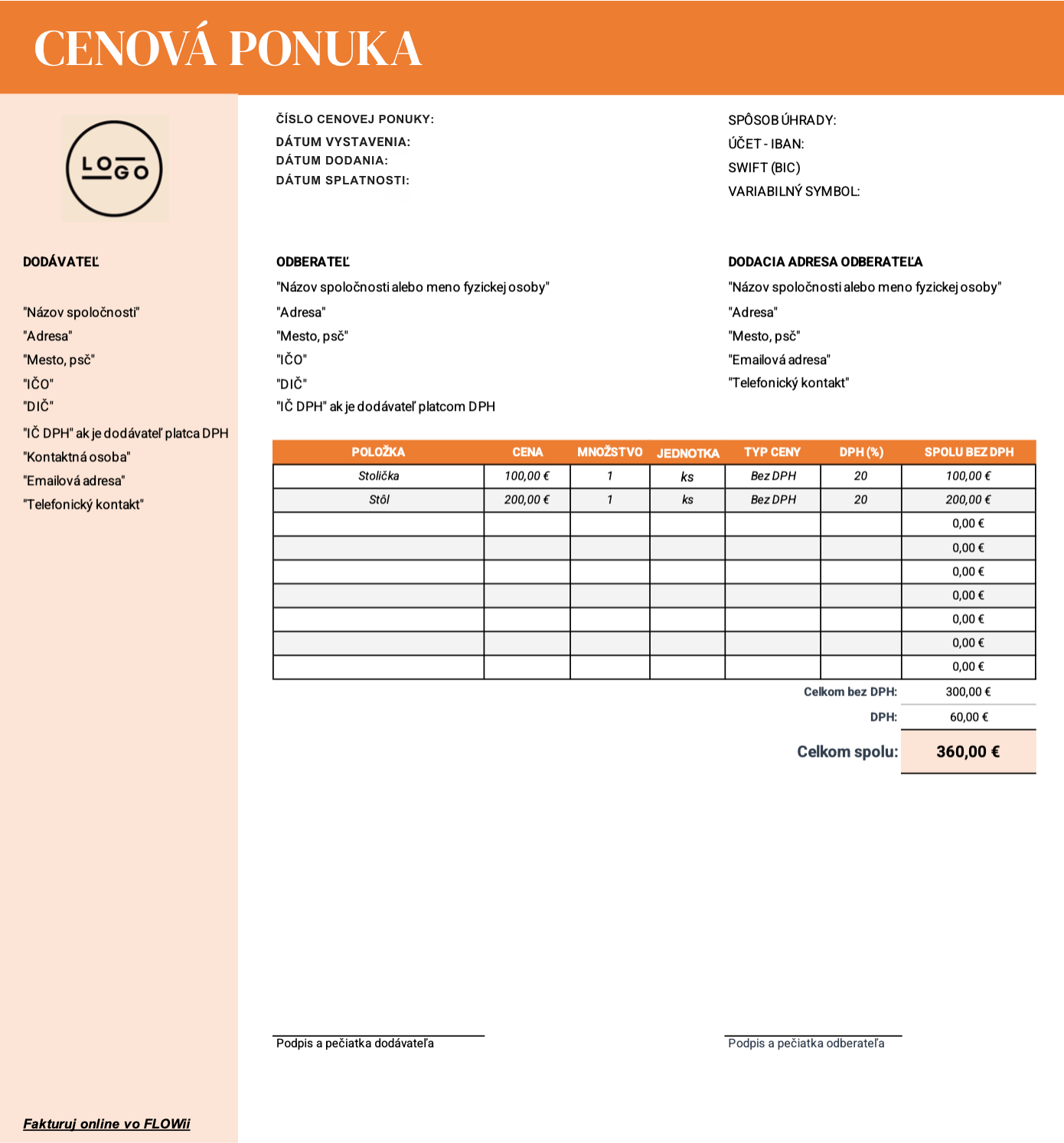 vzor cenová ponuka zadarmo