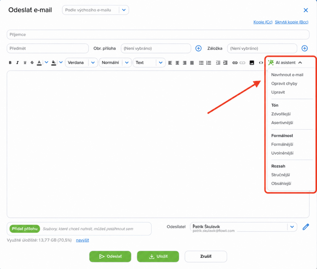 ai asistent emailing funkce